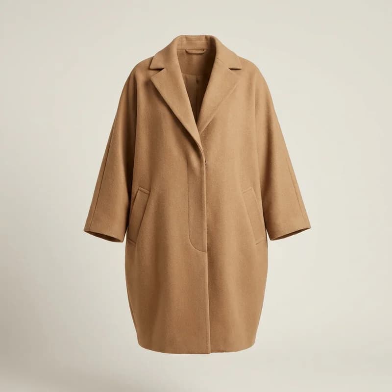 Cocoon-shaped wool coat, photorealistic ghost-mannequin render, front view