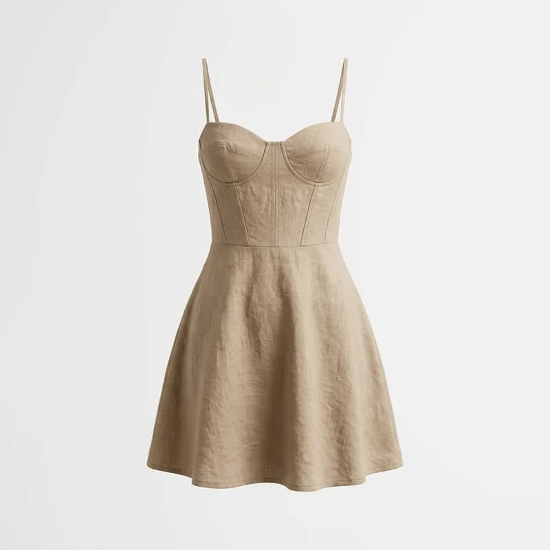 Linen corset mini dress, photorealistic ghost-mannequin render, front view