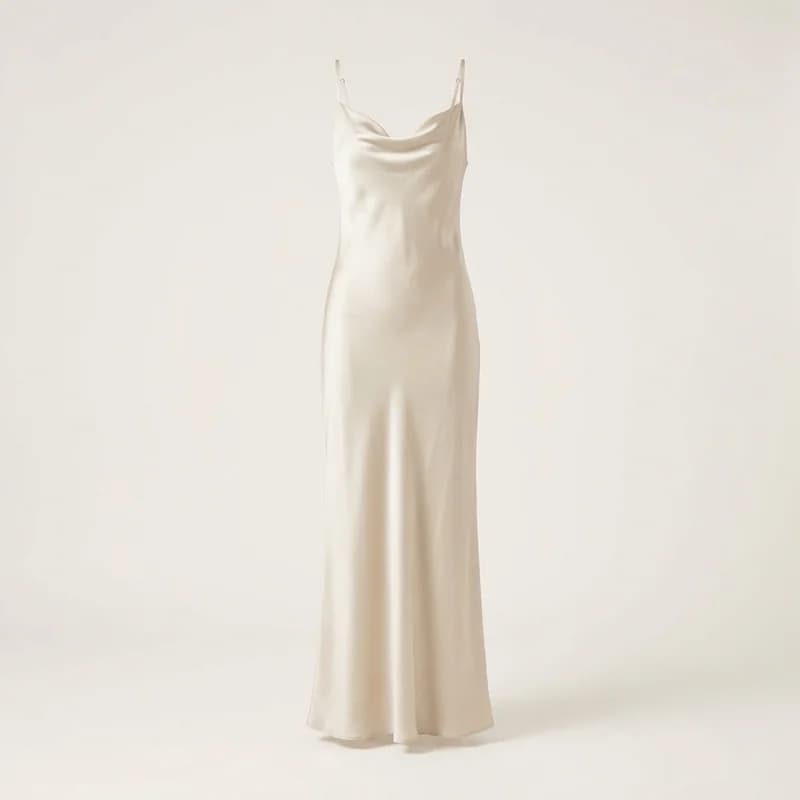 Bias-cut silk slip dress, photorealistic ghost-mannequin render, front view