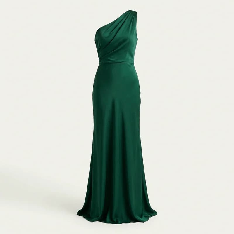 One-shoulder draped silk gown in deep emerald, photorealistic ghost-mannequin render, front view