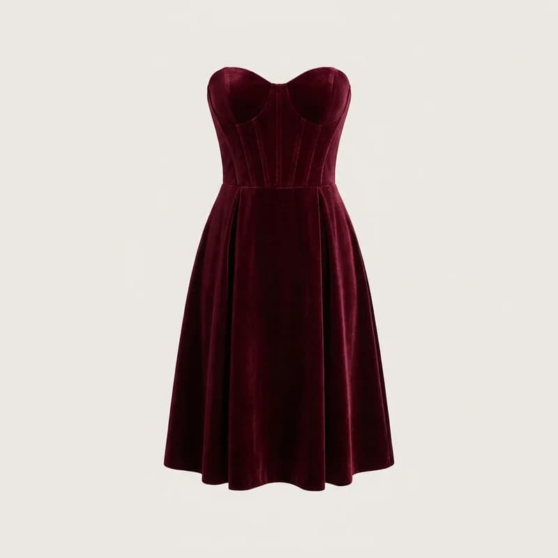Strapless sweetheart cocktail dress in wine velvet with corseted bodice, photorealistic ghost-mannequin render, front view