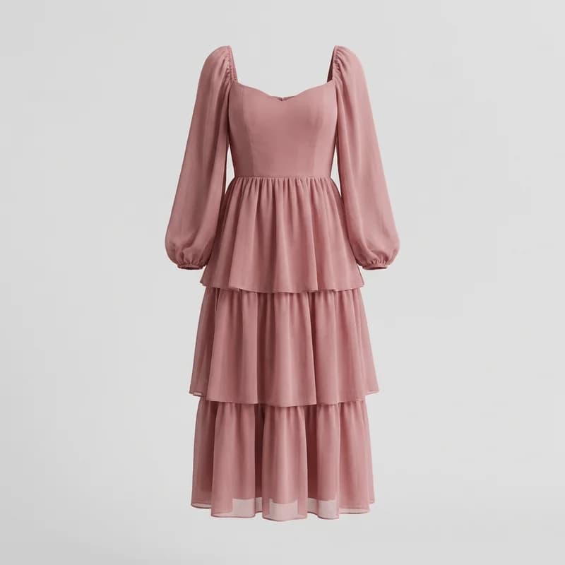 Tiered ruffle midi dress in dusty rose chiffon with bishop sleeves, photorealistic ghost-mannequin render, front view