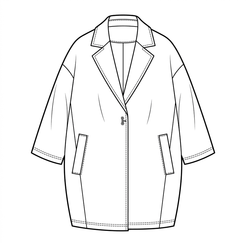 Cocoon-shaped wool coat with notched lapel, technical flat sketch, front view