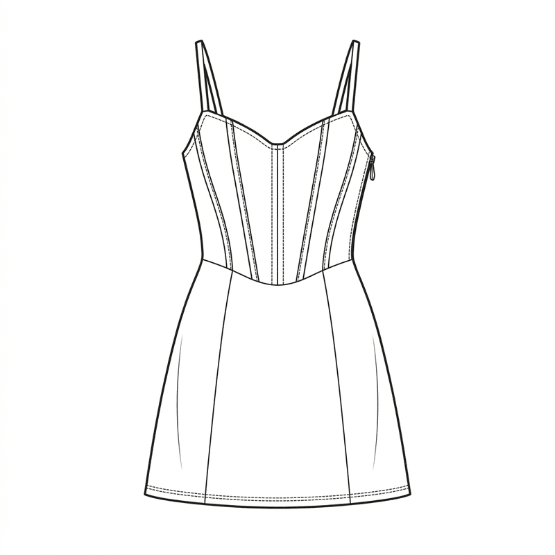 Linen corset mini dress, technical flat sketch, front view