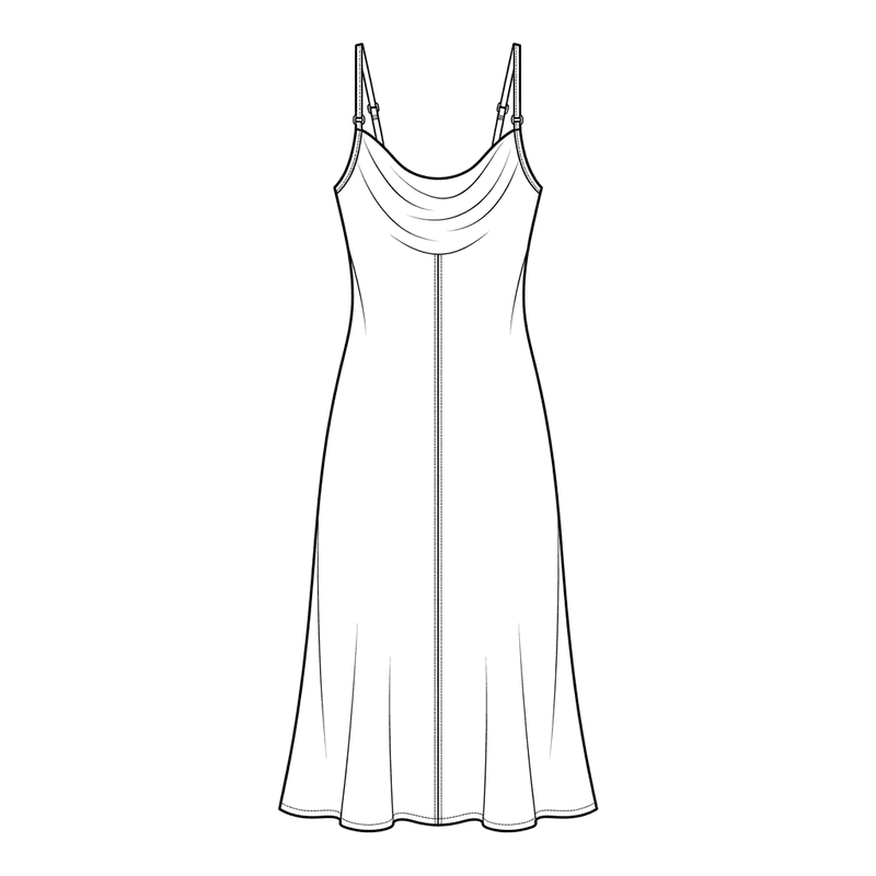Bias-cut silk slip dress with cowl neck, technical flat sketch, front view