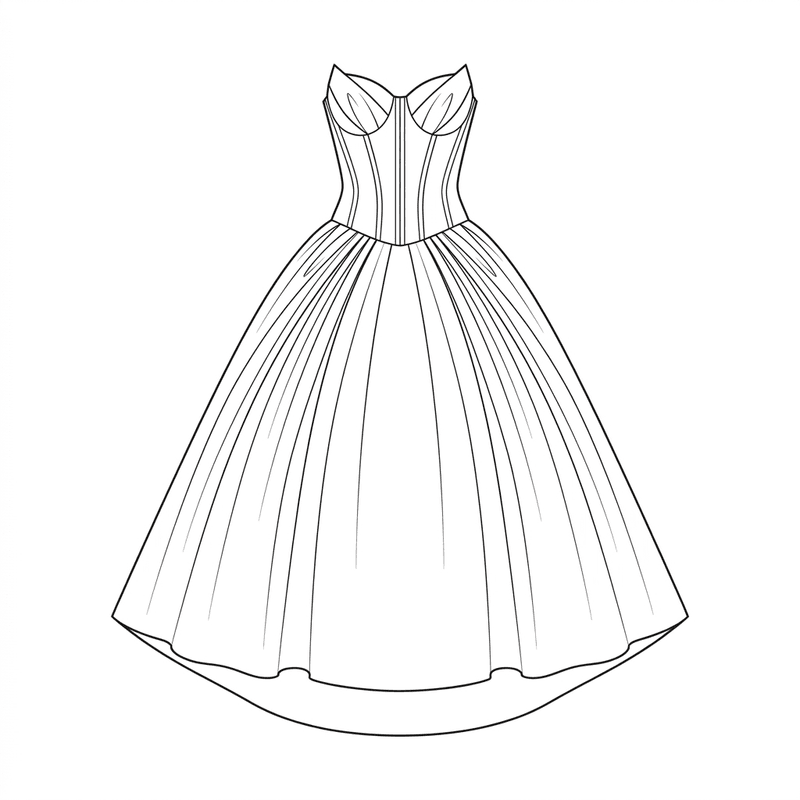 Architectural strapless ball gown in midnight navy taffeta — technical flat sketch and photorealistic render