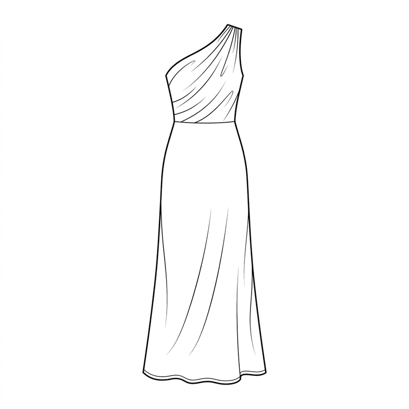 One-shoulder draped silk gown in deep emerald — technical flat sketch and photorealistic render