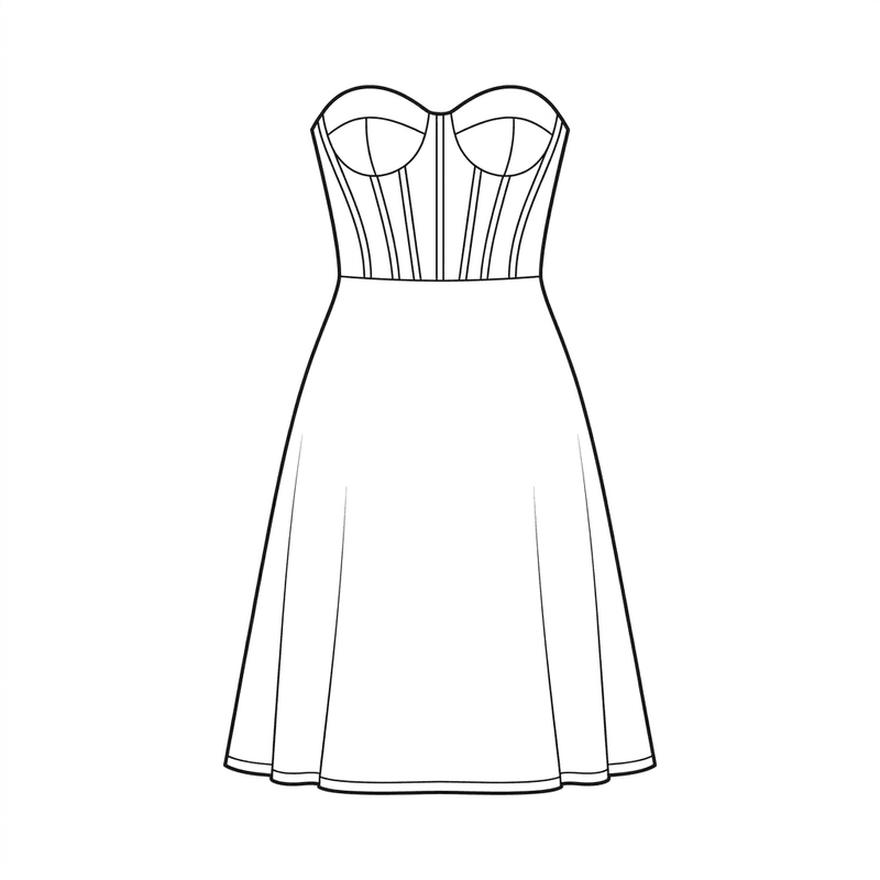 Strapless sweetheart cocktail dress in wine velvet with corseted bodice — technical flat sketch and photorealistic render