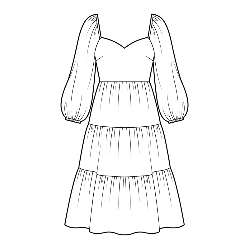 Tiered ruffle midi dress in dusty rose chiffon with bishop sleeves — technical flat sketch and photorealistic render