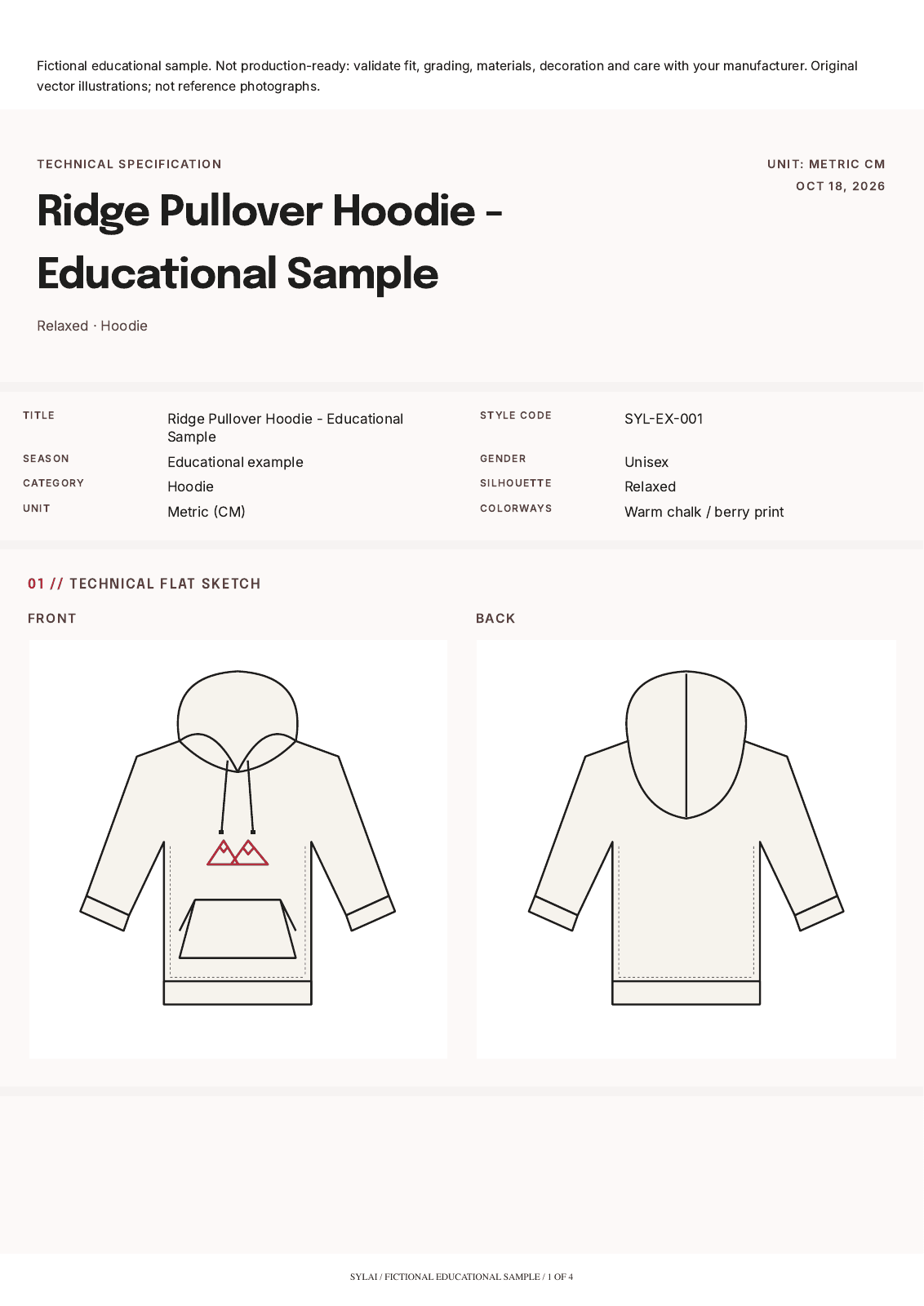 First page of the sample PDF, showing the same front artwork placement and the back sketch